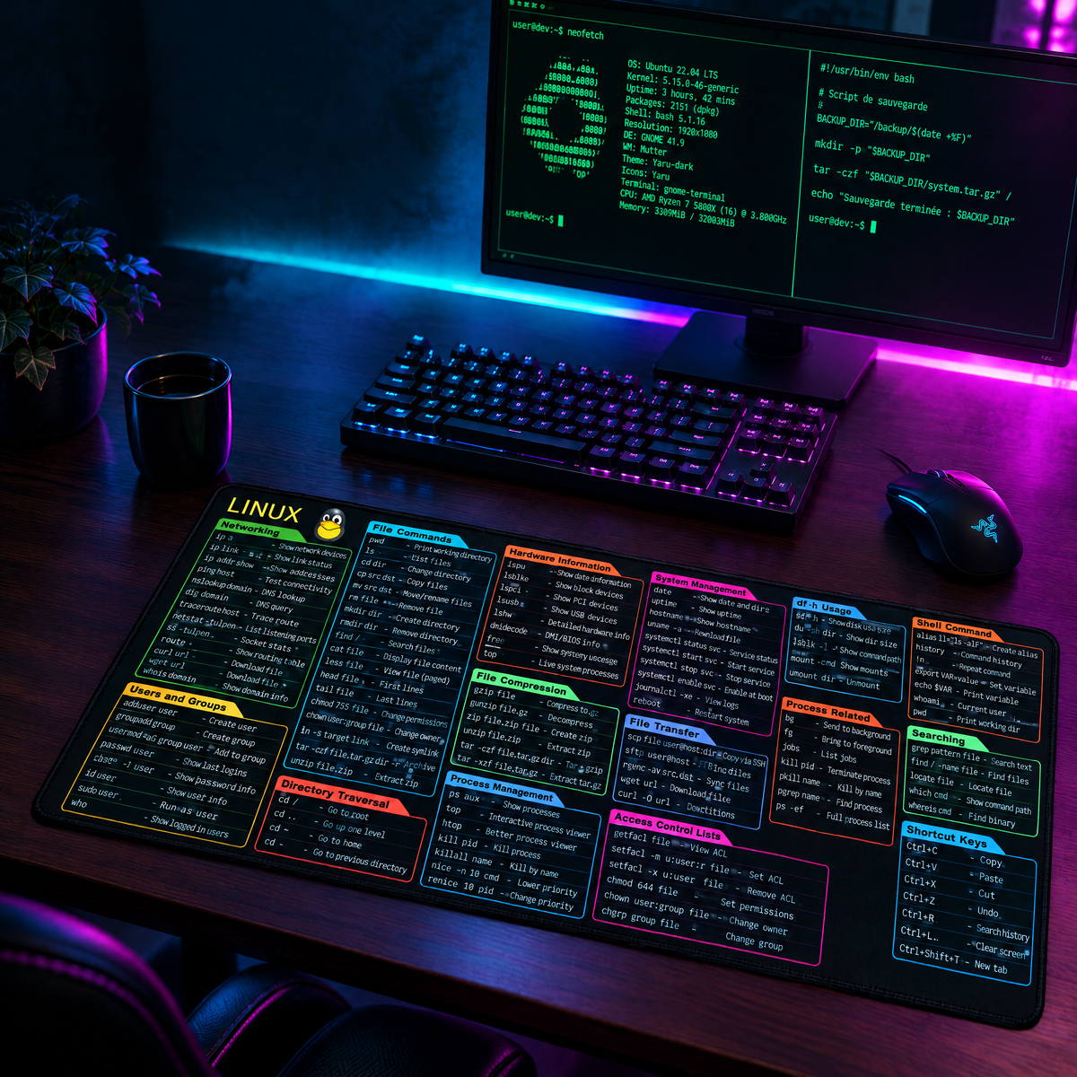 Linux Tux desk mat in a cyan and magenta developer workspace