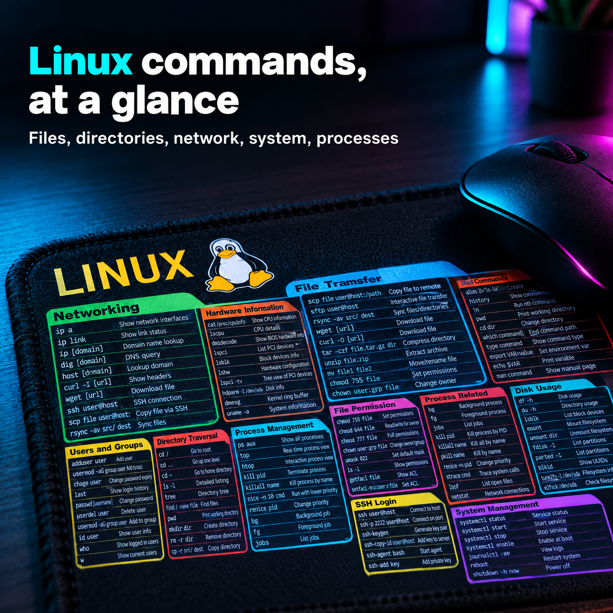 Linux command reference desk mat close-up