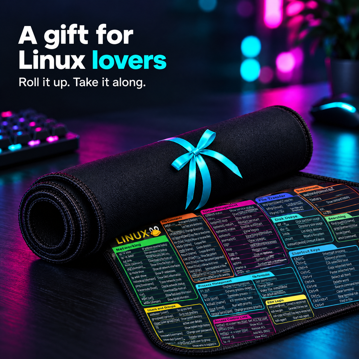 Rolled Linux desk mat styled as a gift